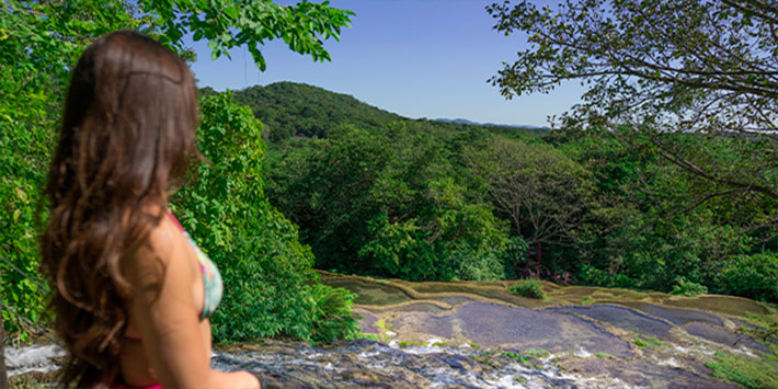 Contemplação de cachoeira de tufas calcárias que deságua em forma de véu em meio a vegetação nativa