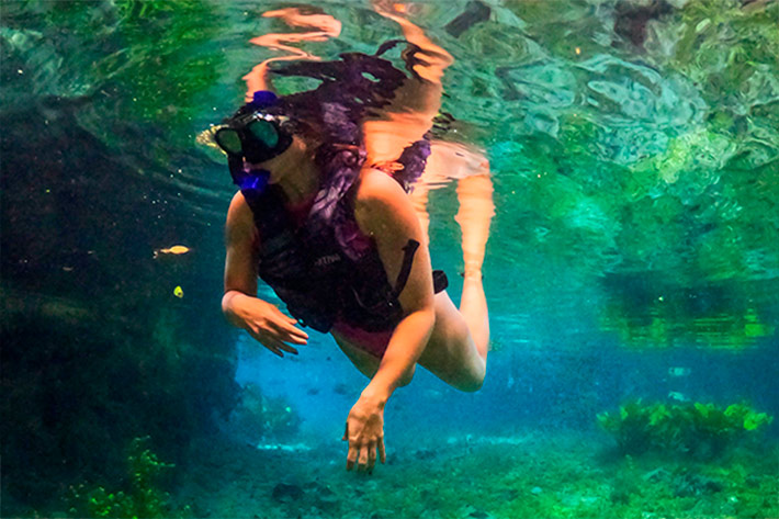 Duas pessoas submersas em atividade de flutuação com visibilidade total devido à cristalinidade da água - Nascente Azul