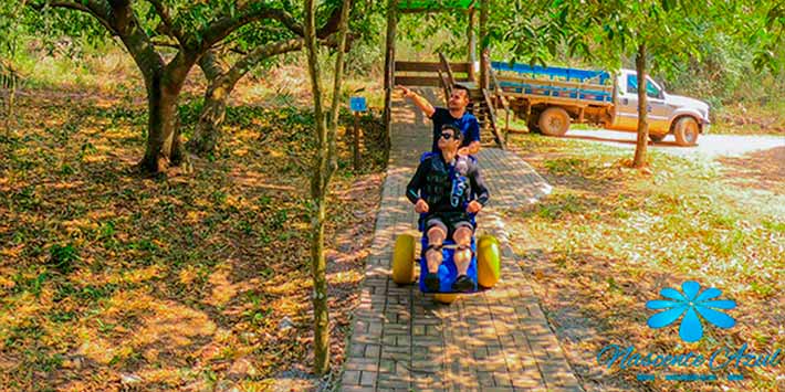 Pessoa cadeirante acompanhada de guia turístico da Nascente Azul contemplando trilhas acessíveis, com rampas planas e equipamentos adaptados