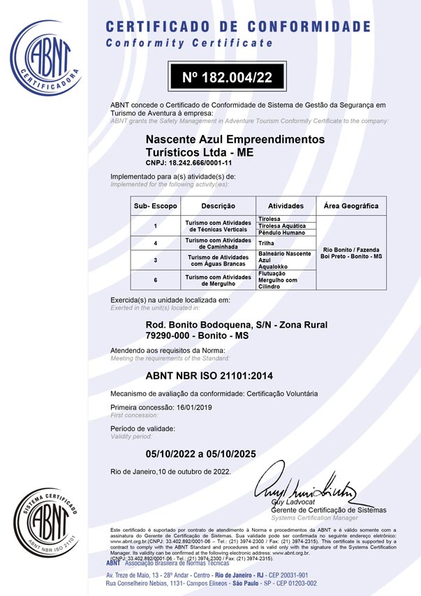 Certificado de Conformidade ISO-21101 Nascente Azul | Bonito MS